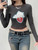 Graphic Crewneck Top gray    Women’s Cute Cat Animal Love Heart Goth Print Punkrock Crop-top Full Sleeve Round O Neck Punk Gothic Grey T Shirt Womens Casual Autumn Winter Spring Basic Tees y2k ribbed Harajuku Streetwear Tops T-Shirts for on trend Woman