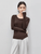 Asymmetric Patch T-Shirt    Women’s casual solid round O-neck long sleeves slim fit simple elegant boatneck Tops for woman in brown with white accents Spring Fall Autumn womens boat neck asymmetrical irregular hem plus size T-Shirts fashion #143T56159