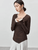Asymmetric Patch T-Shirt    Women’s casual solid round O-neck long sleeves slim fit simple elegant boatneck Tops for woman in brown with white accents Spring Fall Autumn womens boat neck asymmetrical irregular hem plus size T-Shirts fashion #143T56159