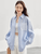 Embroidered Cotton Shirt     Women’s casual spring turn-down collar single breasted commute office wfh workwear rippled striped blouses for woman in light sky blue  Womens long sleeves with dropped shoulders and wide stripes ripples button cuff chest patch pocket with white embroidery pattern shirts #151C58119