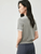 Spliced Knit Crewneck Cardigan  Women’s slim fit round crew neck collar single breasted button-up short sleeves patchwork accent trim ribbed rib band hem cardigans for woman in gray Chic Tops Spring womens grey alt-g alernative office wfh workwear petite-, plus-, size fashion #W51H58750