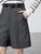 Casual Short Pants   Women’s knee length pleated zipper latch close high rise elastic waist Pant with leather belt and slant pockets  and back slit slant pocket for woman in Gray womens Office Lady wfh workwear petite-, tall-, plus-, size closure straight loose fit Fashion Trousers grey pleats shorts #143K55653