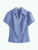Women’s Summer French look lace checkered plaid pleated lace layered V-neck collar short puff sleeves button-up blouse Tops for woman in blue with white Womens casual office wfh workwear linen-blend slim fit petite-  tall-, plus-, size pleats Top #25FS12074