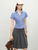 Women’s Summer French look lace checkered plaid pleated lace layered V-neck collar short puff sleeves button-up blouse Tops for woman in blue with white Womens casual office wfh workwear linen-blend slim fit petite-  tall-, plus-, size pleats Top #25FS12074