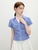 Women’s Summer French look lace checkered plaid pleated lace layered V-neck collar short puff sleeves button-up blouse Tops for woman in blue with white Womens casual office wfh workwear linen-blend slim fit petite-  tall-, plus-, size pleats Top #25FS12074