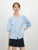 Women's Crewneck linen-blend short sleeve with drop shoulders pleats button-up Blouse - French-Inspired look round O-neck & ¾ Half long lantern dropped sleeves Design Top in light sky blue Womens summer pleated blouses Crew neck petite size office wfh workwear Tops #25FS12298