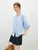 Women's Crewneck linen-blend short sleeve with drop shoulders pleats button-up Blouse - French-Inspired look round O-neck & ¾ Half long lantern dropped sleeves Design Top in light sky blue Womens summer pleated blouses Crew neck petite size office wfh workwear Tops #25FS12298