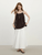 Women’s woman womens petite-, tall-, plus-, size French look style square neck vest with Suspenders spaghetti straps and tassels Elegant fashionable Top Collection tasseled Tank top pleats elasticated mid-rise waist slit side pockets pleated skirts in white, coffee brown Tassel Tank Top skirts in coffee brown