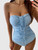 Women’s woman womens petite-, tall-, plus-, size Korean Style One Piece Sexy Plaid checkered strap neck padded sleeveless semi-backless High-rise waist Monokini holiday vacation getaway contrast waist band BeachWear Swimsuit Bathing Suit Swimwear in light sky blue, with white