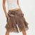Women’s woman womens petite-, tall-, plus-, size Boho bohemian Lace Trim Y2k Satin Low Rise waist Half Slip Pajamas loungewear Cute Bow Coquette Pettipants Bloomers Patchwork Lounge holiday vacation getaway pleated pleats tie-up irregular hem Midi short Pants Shorts in Coffee brown