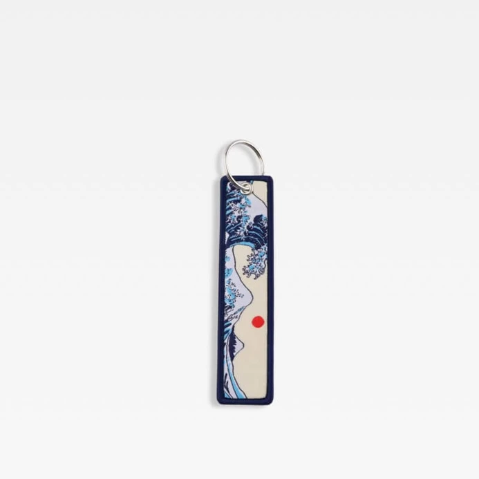 Kawaii Hokusai The Great Wave off Kanagawa, Rising-, Setting-, Sun, Mt. Mount Fuji Keychain for Cars Backpack Key Holders Embroidery Keyrings Key Tag Accessories Gifts charms Embroidered Accessory souvenirs in off-white cream beige with blue red multi