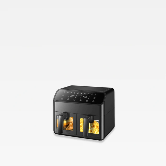 Multifunctional Dual Basket 8L Air Fryer (4L + 4L) Large Capacity Healthy Fryer Oven with Non-Stick Coating Viewing Window for BBQ Baking Roasting for Family UK plug socket Household kitchen Non-stick Pan Touch Screen Visual 10 Presets Guided Cooking 8L fryers in black