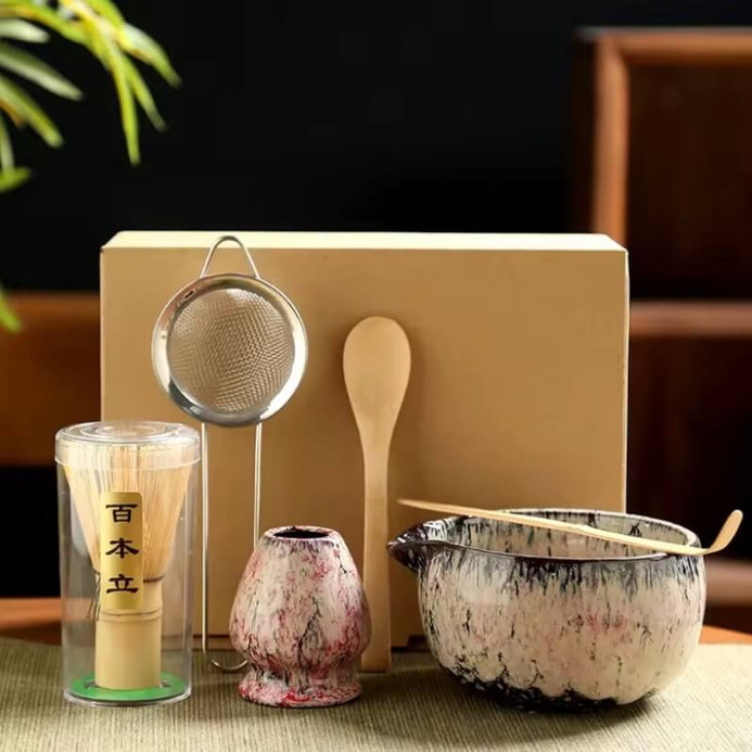 Office restaurant home 6PCS Japanese Ceramic Matcha Set 6-Piece Tea Bowl Traditional Tea Making Tools matcha tea-set tea whisk bamboo matcha brush sets in pink