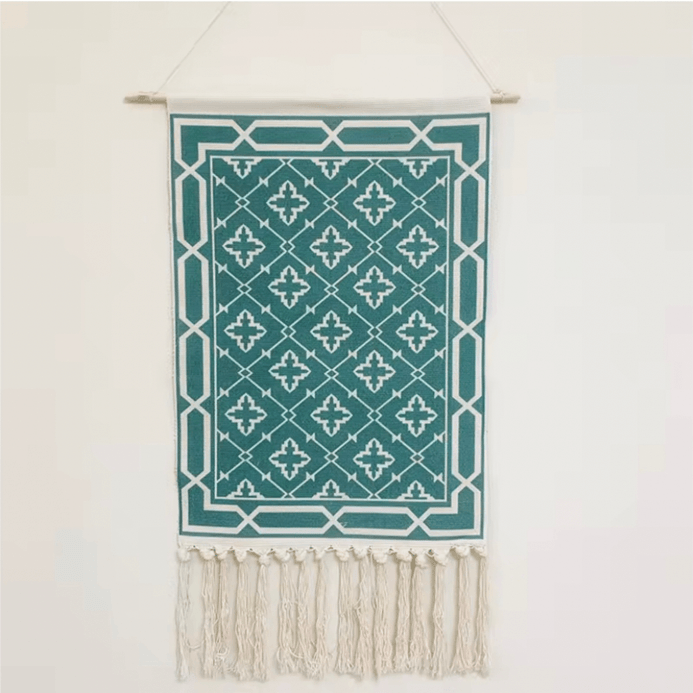 Boho Home decoration Geometric Bohemian Tapestry Wall decor aesthetic room Tassel Macrame Hanging Art Woven Cotton Handmade Linen Tapestries in green with multi