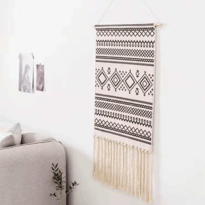 Boho Home decoration Geometric Bohemian Tapestry Wall decor aesthetic room Tassel Macrame Hanging Art Woven Cotton Handmade Linen Tapestries in black with multi cream