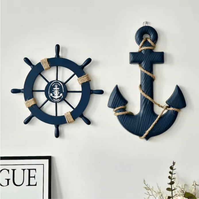 Indoor Outdoor Garden New England USA American Mediterranean Nautical ships Anchor and Steering Rudder Wheel Set Navigation Decoration Wooden Marine Crafts Home Wall Courtyard Beach Decor in deep dark blue with beige multi color