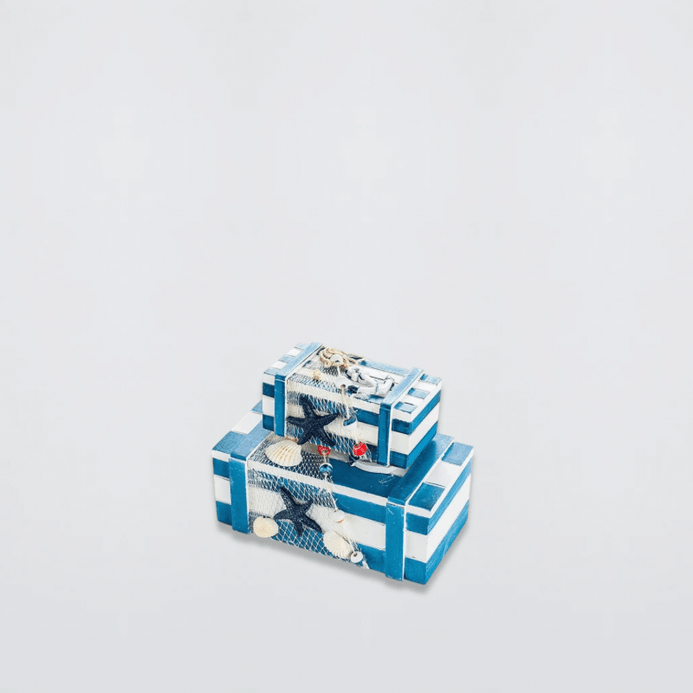 Indoor Outdoor Garden New England USA American Mediterranean pastel Colored Nautical Themed 2pcs/set Handcrafted Wooden Storage Box with Starfish and Boat Anchor for Beach Office restaurant bar Home Decor Jewelry Storage boxes 2-Piece set in blue with white multi color