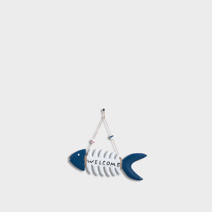 Indoor Outdoor Garden New England USA American Mediterranean pastel Colored Nautical Theme Decorative Wooden Fish Bones WELCOME Letter message Wall Hanging White Blue Ocean Style Theme Party Fish Walls Decor in multi blue with white