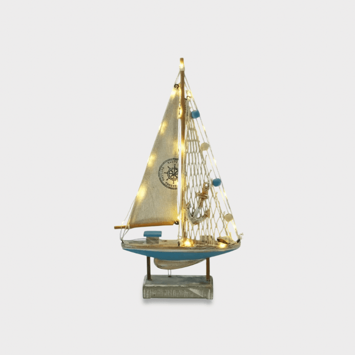 Indoor Outdoor Garden Nautical Themed Retro Mediterranean Style Wooden LED fairy lights Sailboat sailing Boat Model Creative Ocean Style Desktop Ornament Crafts Small Boat Home Decor Gifting ideas in light teal blue, with white multi color