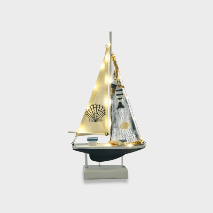 Indoor Outdoor Garden Nautical Themed Retro Mediterranean Style Wooden LED fairy lights Sailboat sailing Boat Model Creative Ocean Style Desktop Ornament Crafts Small Boat Home Decor Gifting ideas in deep dark blue, with white multi color