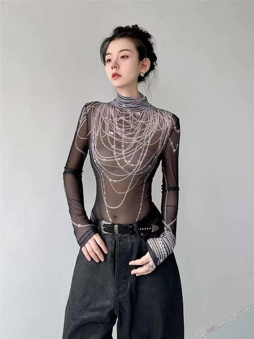 Women’s woman womens petite-, tall-, plus-, size Lidisha Long Sleeves Pearl Print Mockneck Slim Fit transparent see-through Mesh Halftime High Neck Base T-Shirt Casual Style Chinese Brand grunge y2k genalpha Tops in brown with white accent color