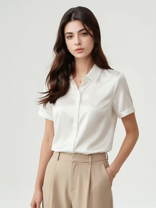 Women’s woman womens petite-, tall-, plus-, size Summer solid color Mulberry Silk short sleeves luxury plain blouse casual wfh commute workwear Shirt Tops in white