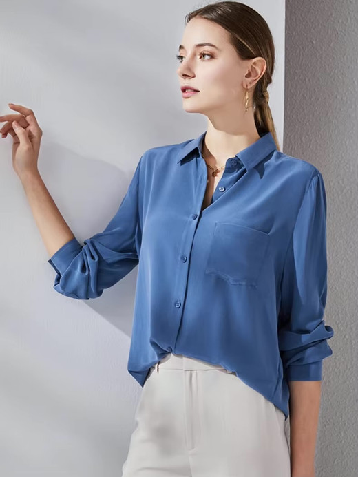 Women’s woman womens petite-, plus-, size Solid Shirts, 100% Silk Crepe, Long Sleeves, Chest Pocket Chic Blue Blouses, Spring Summer wfh Office commute workwear Lady Tops