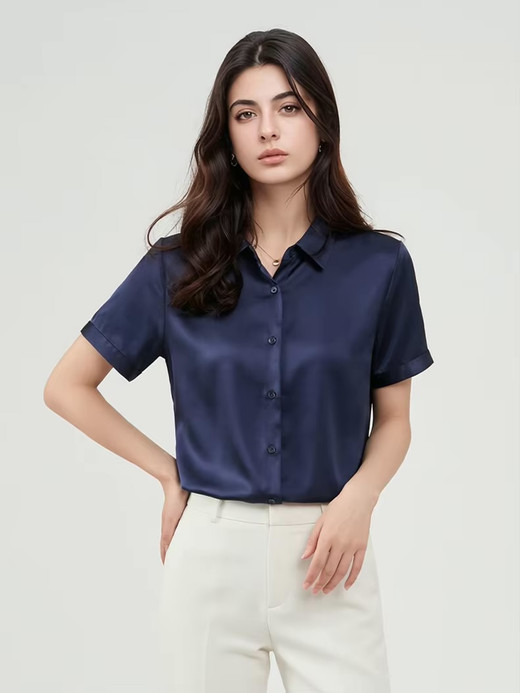 Women’s woman womens petite-, tall-, plus-, size Summer solid color Mulberry Silk short sleeves luxury plain blouse casual wfh commute workwear Shirt Tops in Navy blue