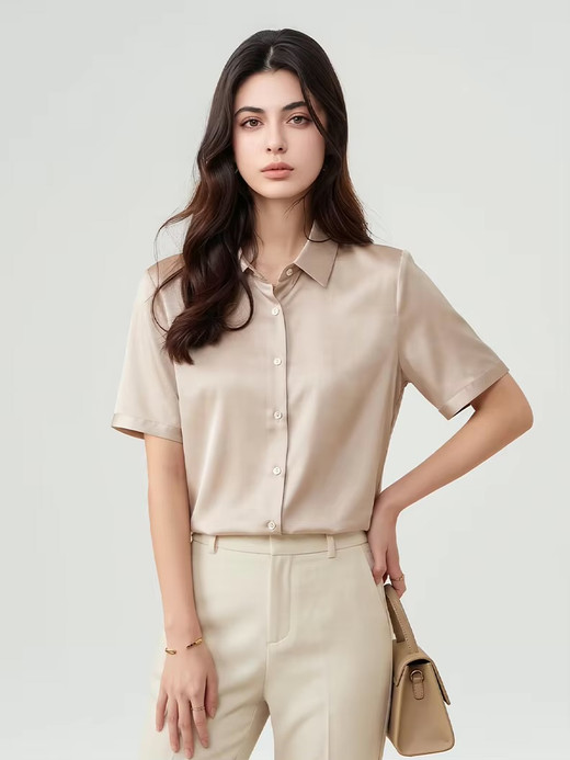 Women’s woman womens petite-, tall-, plus-, size Summer solid color Mulberry Silk short sleeves luxury plain blouse casual wfh commute workwear Shirt Tops in Champagne