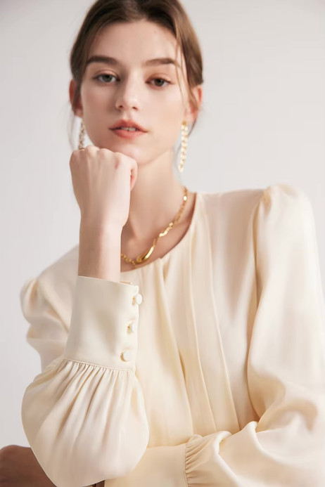 Mulberry Silk, Long Sleeves, pleated round O-neck crewneck Chic Beige Blouses, Spring Summer wfh Office commute workwear Lady pleats Tops