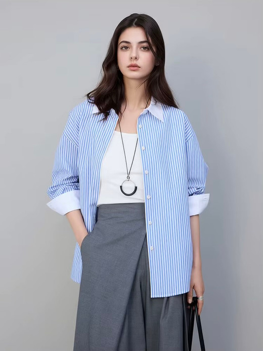 Women’s woman womens petite-, tall-, plus-, size Summer solid stripes color 100% cotton long sleeves with contrast color wide cuffs, striped turn-down collar blouse casual wfh commute workwear Shirt Tops Shirts in light Blue