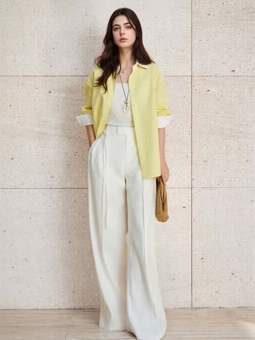 Women’s woman womens petite-, tall-, plus-, size Summer solid stripes color 100% cotton long sleeves with contrast color wide cuffs, striped turn-down collar blouse casual wfh commute workwear Shirt Tops Shirts in light yellow with white