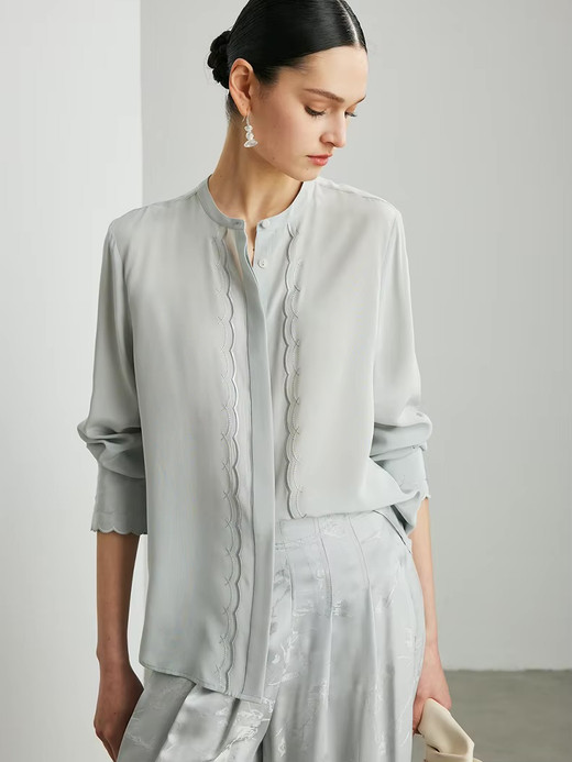 Women’s woman womens petite-, tall-, plus-, size 100% Mulberry Silk, Long Sleeves, pleated round O-neck crewneck Chic Slate blue light Gray grey Blouses, Spring Summer wfh Office commute workwear Lady pleats Tops