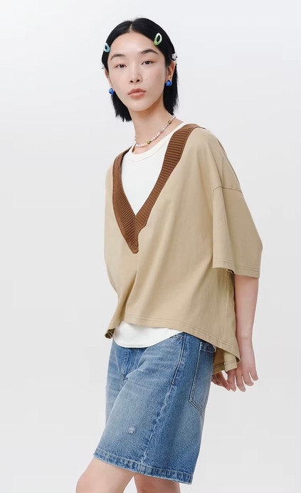 Women’s woman womens petite-, tall-, plus-, size Short Sleeves Spring Summer Contrast Collar Design Drop-shoulder Pure Cotton V-Neck T-Shirt  Tops Tees in Khaki, with brown trim