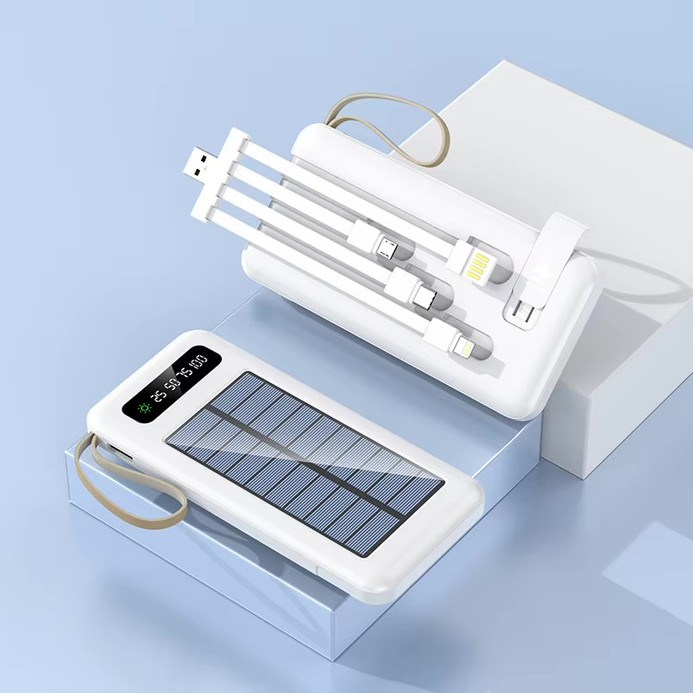 Office home vacation holiday getaway business work electronics 20000mAh Solar Power Bank Power Charger Built-in Cable Large Capacity Portable External Battery Power-bank Fast Charging Powerbanks for iPhone Apple Android Power bank in white also available in 10000mah