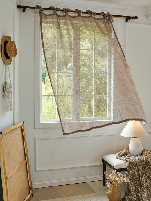 Office home vacation beach property patio gazebo boho bohemian high quality Japanese style ready made Linen voile sheer fabric curtain window panel drape curtains in khaki brown with tag tie top