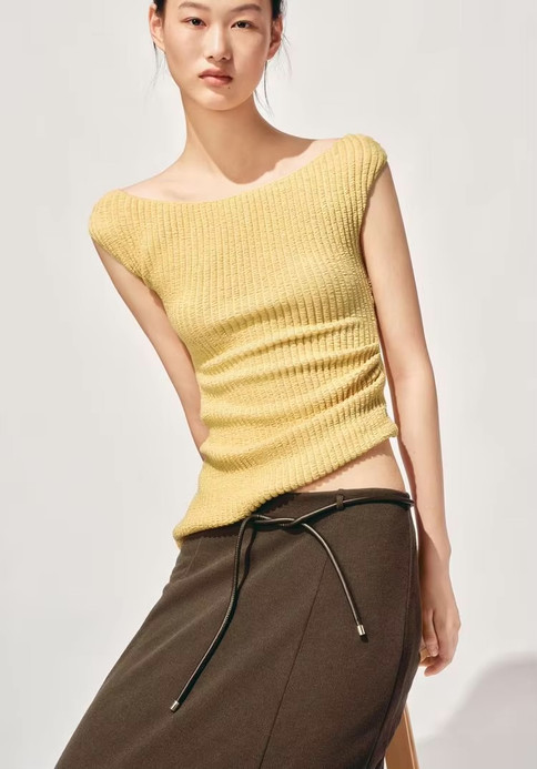 Women’s woman womens petite-, tall-, plus-, size Summer vacation holiday getaway Casual One-Shoulder ribbed Pleated Texture Asymmetric Sleeveless Boatneck round Neck Top Commute wfh workwear Style Slim Fit Polyester tops in yellow