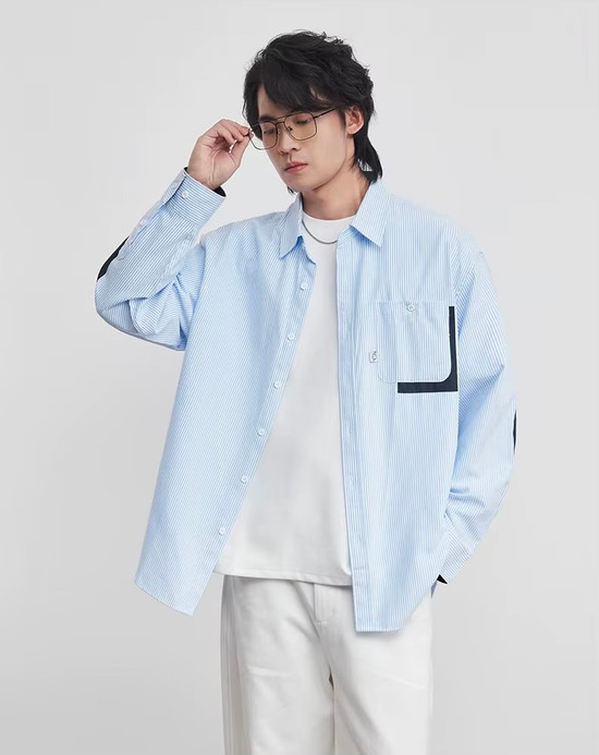 Men’s man mens petite-, tall-, plus-, size Spliced ​​chest Pocket Oxford Striped Long Sleeves with drop shoulders button up Shirt Spring Summer Lapel Loose Shirts Jacket Size M-2XL in light blue stripes