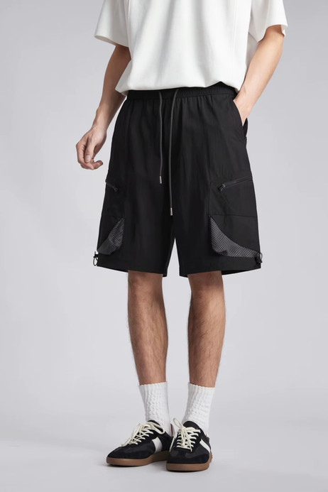 Men’s man mens petite-, tall-, plus-, size Quick Dry Breathable Outdoor Summer Loose Multi Pocket Retro Casual Commute wfh office workwear Five Points elasticated waist with drawcord drawstring mid-rise Cargo Shorts short pant in black