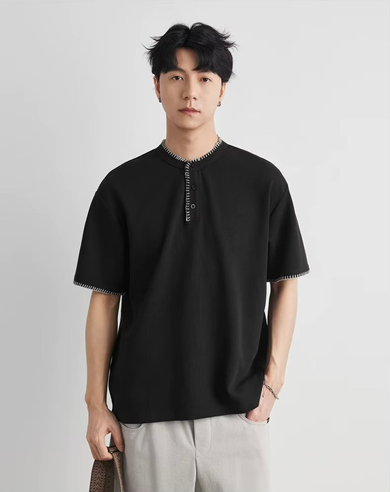 Men’s man mens petite-, tall-, plus-, size Stitch Detail Henley crew Neck crewneck Waffle T-Shirt Summer Loose Drop Shoulder Casual Commute Versatile Short Sleeve Top Cotton-blend Commute Fashion T-Shirts Tops in black with white striped accent