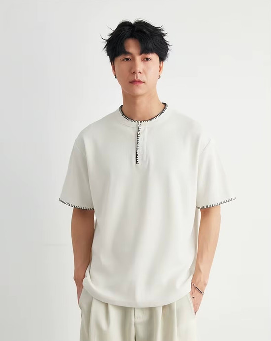 Men’s man mens petite-, tall-, plus-, size Stitch Detail Henley crew Neck crewneck Waffle T-Shirt Summer Loose Drop Shoulder Casual Commute Versatile Short Sleeve Top Cotton-blend Commute Fashion T-Shirts Tops in apricot white with black striped accent
