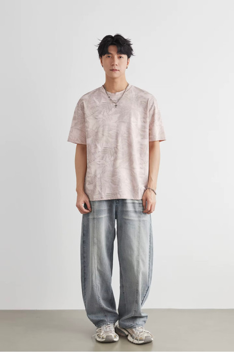 Men’s man mens petite-, tall-, plus-, size Gradient Leaf Print graphic Summer Loose Crew Neck Trendy Versatile Commute wfh office workwear Short Sleeves crewneck T-Shirt Tops T-Shirts in pink