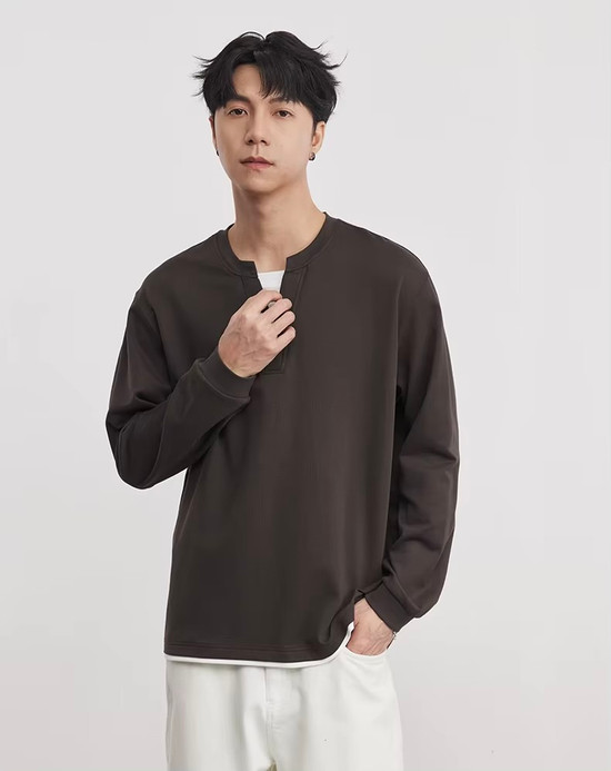 Men’s man mens petite-, tall-, plus-, size Fake Two-piece Henry Collar V-neck Spring Loose Long-sleeves with drop shoulder and band cuff Casual Versatile Sweatshirt Clothing Tops Sweaters in brown with white accent
