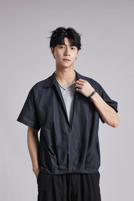 Men’s man mens petite-, tall-, plus-, size Lyocell cotton Fake Two-Piece Summer Raglan Lapel Retro Casual Commuter Short half Sleeves with Drop Shoulder V-neck Commute Versatile Knit Commute Pullover Shirt Top Shirts in dark blue