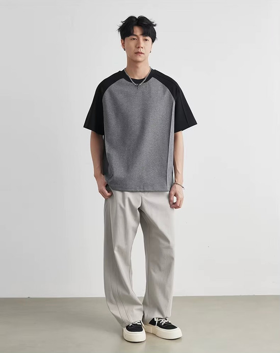 Men’s man mens petite-, tall-, plus-, size patchwork Color Block short half Raglan rib Sleeve Summer Textured Loose Casual Versatile City Boy Style T-Shirt Top T-Shirts in Gray grey, with black