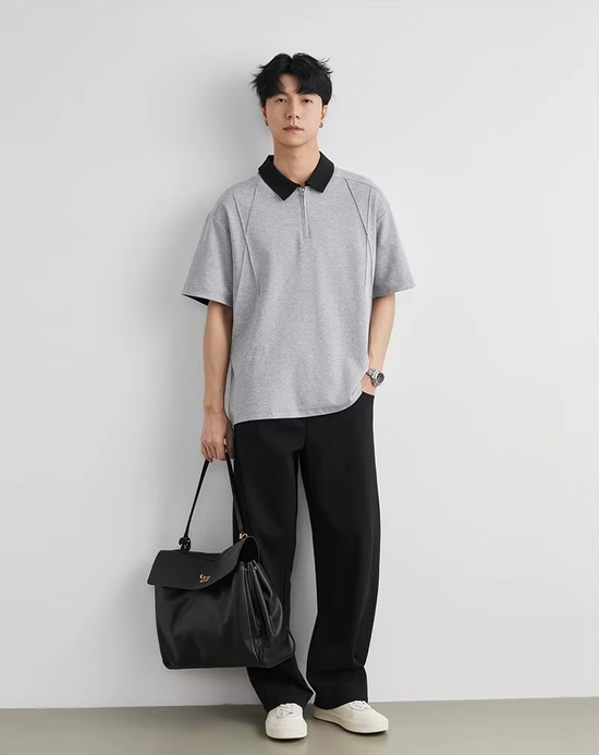 Men’s man mens petite-, tall-, plus-, size Contrast Collar Half Zip Summer Combed Cotton Soft Durable Casual Short half Sleeves turn-down collar Tee Daily Commute wfh workwear Polo Shirt Tee Top T-Shirts in light Gray grey with black accent color