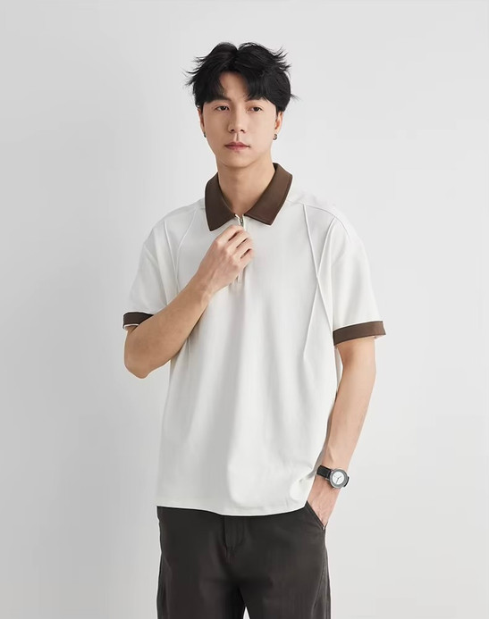 Men’s man mens petite-, tall-, plus-, size Contrast Collar Half Zip Summer Combed Cotton Soft Durable Casual Short half Sleeves turn-down collar Tee Daily Commute wfh workwear Polo Shirt Tee Top T-Shirts in apricot white with coffee-brown accent color