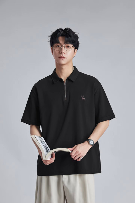 Men’s man mens petite-, tall-, plus-, size Minimalist Stag Deer Logo Embroidered Polo Shirt Summer Loose Half Zip Casual Commuter Short half Sleeve Daily Commute wfh workwear Polo Shirt Tee Top T-Shirts in black with white accent color