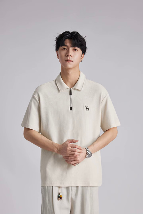 Men’s man mens petite-, tall-, plus-, size Minimalist Stag Deer Logo Embroidered Polo Shirt Summer Loose Half Zip Casual Commuter Short half Sleeve Daily Commute wfh workwear Polo Shirt Tee Top T-Shirts in apricot with brown accent color