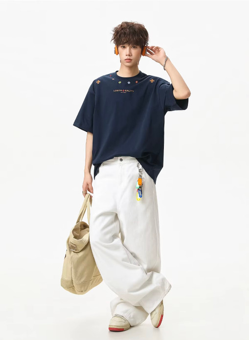 Men’s man mens petite-, tall-, plus-, size Ethnic American National style printed texture pure cotton short half sleeves with drop shoulder summer vacation holiday getaway basic loose round crewneck O-neck Casual Pullover crew neck T-Shirt Tops T-Shirts in dark navy blue with multi accent color